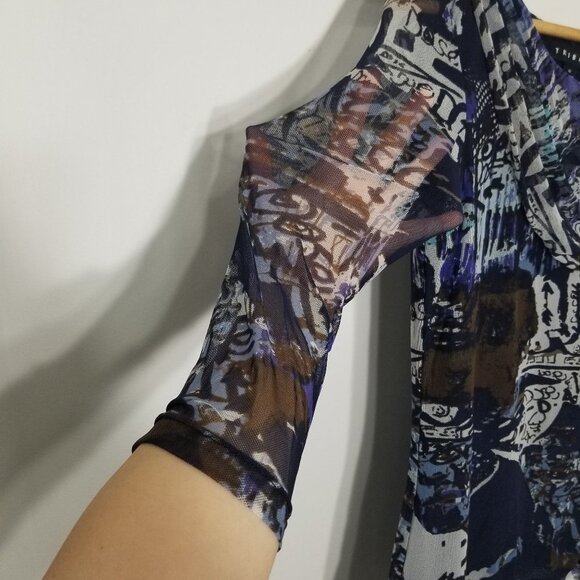 Tribal Sheer Arms Abstract Blue Brown Top 3/4 Sleeves Business Casual XSmall - Picture 7 of 10